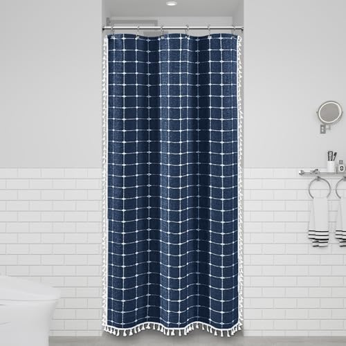 Image of BTTN Boho Shower Stall Curtain - 36x72 Narrow Linen Ultra Thick Tassel Fabric Cloth Shower Curtain Set with 6 Plastic Hooks, Half RV Modern Farmhouse Country Shower Curtains for Bathroom, Navy Blue