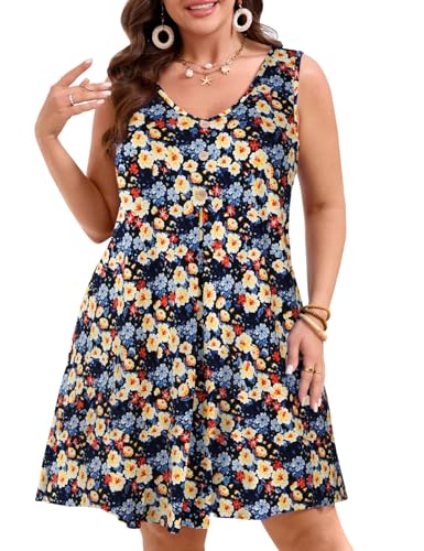 Image of JollieLovin Women Plus Size Summer Sundress Tank Sleeveless V Neck Beach Swing Dress Swimsuit Cover ups(L-5X)