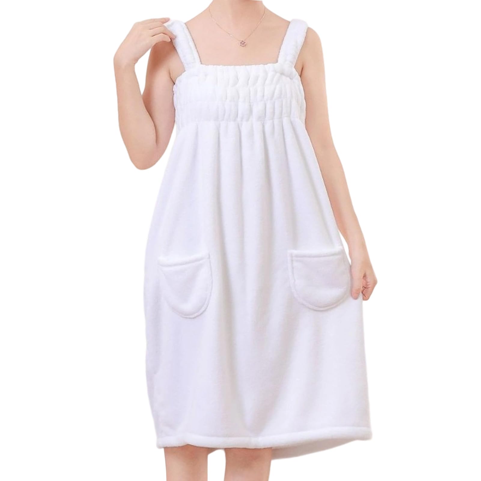 Women's Bathrobe, Wearable Bath Towel, Wrap Towel, Wearable Blanket, Absorbent Towel Cloth, Bath Dress, Long, With Pockets, Wearable Bath Towel, After Bath, Hot Springs, Quick Drying, Fluffy Free size white