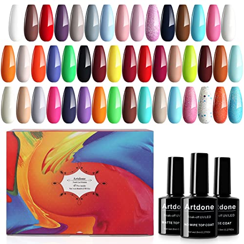 Artdone 50pcs Gel Nail Polish Kit,(8ml each),include Glossy & Matte Top Coat and Base Coat Soak Off Nail Polish Set Pink