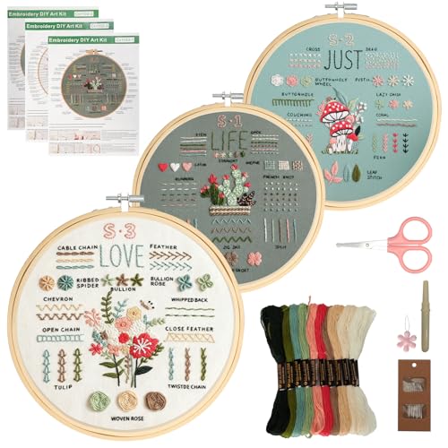 VINATO Kit de Bordado para Principiantes Adultos, Aprende 34 Puntadas con Flores, Kit Bordado Completo, Bastidor Bambú, Manualidades, Regalo Hobby Creativo