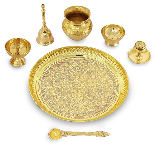 Image of BENGALEN Brass Puja Thali Set 8 Inch Pooja Thali with Pital Plate Kalash Chandan Vati Piyali Deep Dhup Dan Ghanti Palli Diya Arti Thali for Diwali Home Office Mandir Wedding Return Gift Items