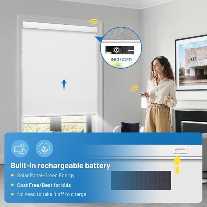 motorized blinds with remote, [free solar panels] cordless smart blinds with valance cover, rechareable blackout electric automatic roller shades for windows white 35" w x 72" h white 35"w x 72"h