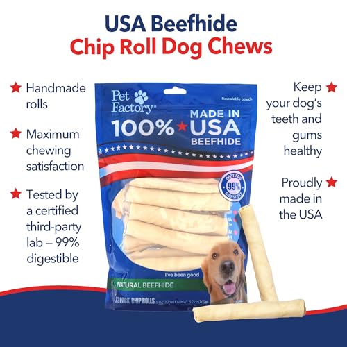 Pet Factory 100% Made in USA Beefhide Chip Rolls Dog Rawhide Chews, Thick, Dog Chews Long Lasting from American Cattle, Dog Chew Bones, 5 Inches (Pack of 22)