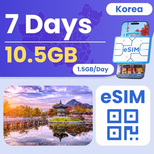 Image of eSIM Cards for International Travel Prepaid Data, Compatible with Unlocked Smartphones, 4G LTE 5G, Hotspot Supported, Instant Activation in 10 Minutes (Korea 10.5GB / 7 Days)