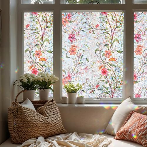 Image of XhuangTech Flower Sunroof Film Floral Rainbow Effect Static Clings Window Privacy Film Sun Protection Stained Glass Decals for Car Moonroof and Home (F815, 17.72 x 35.43 Inch)