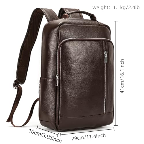 Genuine Leather Backpack Men Casual Daypack 15.6 Inch Laptop Rucksack Business Travel Outdoor Shoulder Bag with Trolley Sleeve (Coffee)2