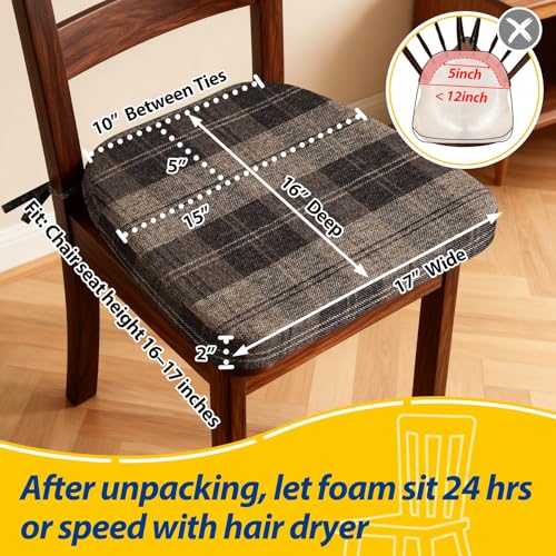 Image of AAAAAcessories D-Shaped Chair Cushions, 2 inch Thick Dining Chair Pads with Ties and Removable, Machine-Washable Cover, 17 inch x 16 inch, Set of 8, Brown Checkered