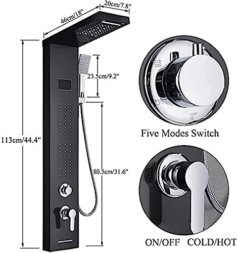 Panel de ducha negro LED de acero inoxidable con 5 funciones, sistema de ducha, cabeza de ducha tipo cascada y lluvia, jets, ducha de mano ABS y caño para baño miniatura 2