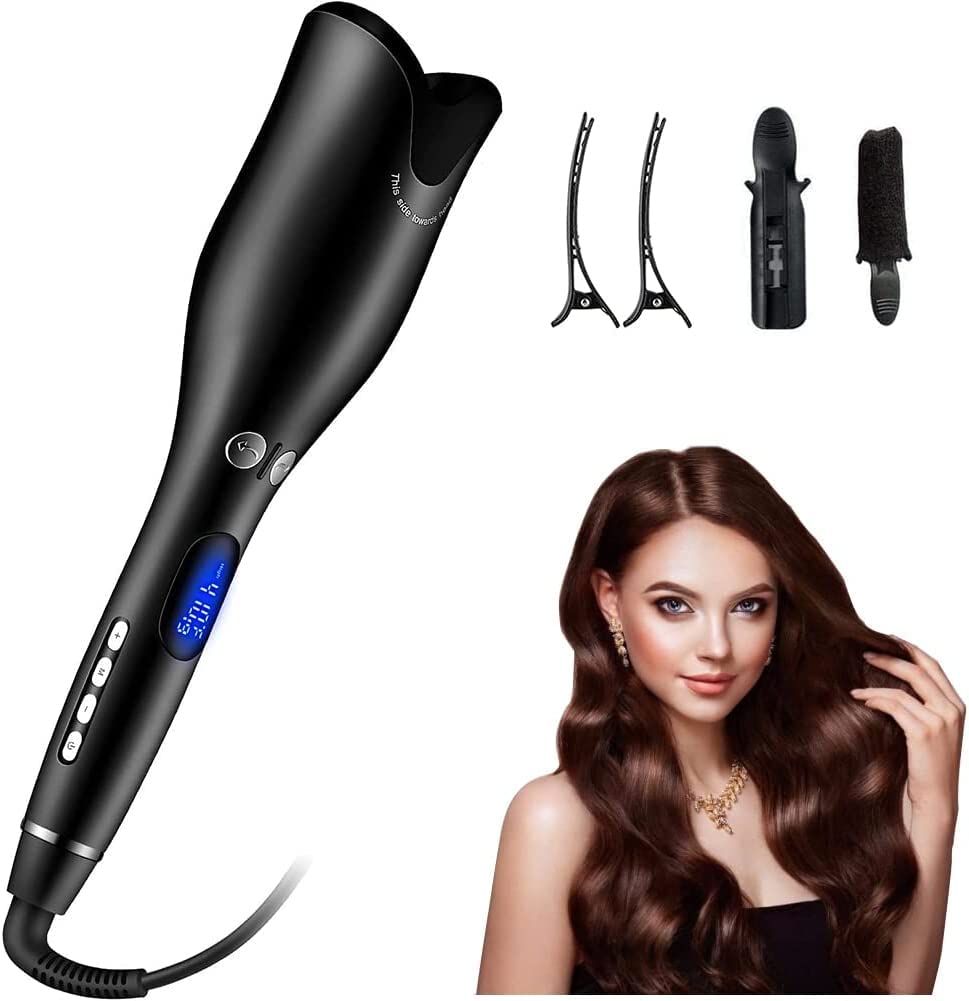 Automatic Hair Curler, Portable Auto Hair Curling Iron Wand with Ceramic Ionic & LCD Display, Smart Anti-Stuck,Adjustable Temperature, Curls and Timer Settings, Fast Heating for Hair Styling (Black)
