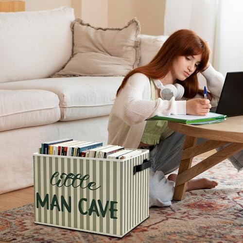 Image of Little Man Cave Boys Storage Bins Box with Handles, Green Stripe Boho Collapsible Basket Organizer for Kids Boys Playroom Nursery Room Bedroom Bathroom Books Clothes