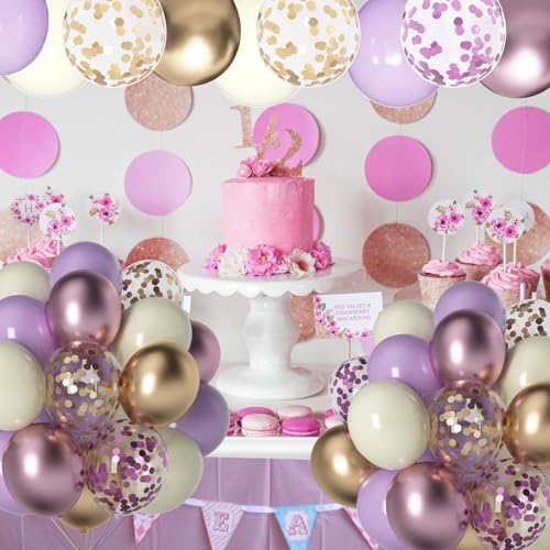 Image of Purple & Gold Balloons - 60pcs 12inch Metallic Lavender & Champagne Balloons with Confetti for Graduation, Wedding, Birthday & Anniversary Celebrations