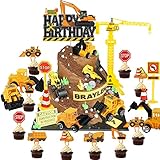 JUYRLE 25PCS Construction Birthday Party Supplies Engineering Truck Cake Decorations Tractor Cake To
