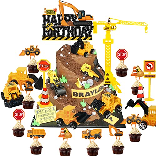 Juyrle 25Pcs Construction Birthday Party Supplies Engineering Truck Cake Decorations Tractor Cake Toppers Road Sign Decor Mini Construction Vehicles Party Favors For Boys #TOP6