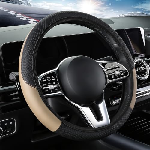 EKUWU Leather Car Steering Wheel Cover, 15 Inch Anti-Slip Carbon Fiber Black Steering Wheel Cover, Universal Car Interior Accessories for Trucks Sedans SUVs (Beige)