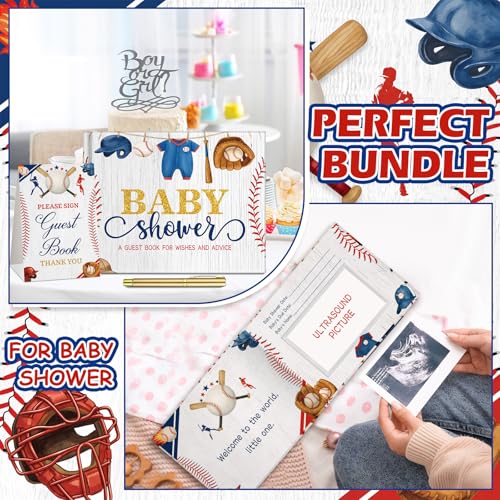Image of Fuyoooo 27 Pcs Baseball Baby Shower Guest Book Set Baby Shower Sign in Guest a Little Slugger is on the Way Book Place Table Cards with Gold Pen Adhesive Photo Corner for Birthday Party