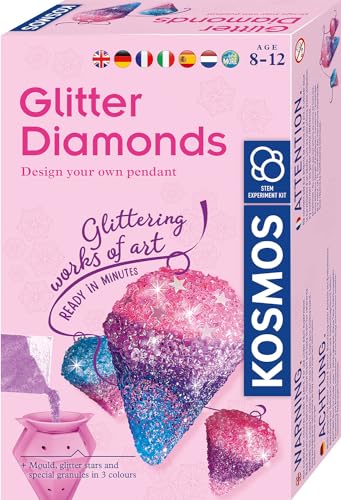 Kosmos 617189 Glitzer-Diamanten Funkelnde Schmuck-Anhänger gestalten mit Gießformen Schmuckbändern Granulat in 3 Farben Experimentierset für Kinder von 8-12 Jahren Multisprache
