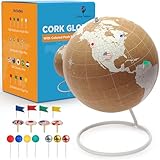 White Cork Globe with Push Pins - 7.9” Tall Globe with Map of the World and Rotating Stand for Children or Adults, 50 Metallic and 100 Colored Push Pins - World Map for Home, Office, Classroom, Travel, Kids