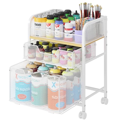 Image of Yociyoga 3 Tier Rolling Cart with Drawers,Pantry Storage Cart with Wheels,Under Desk Storage Cart for Small Space,Pantry Floor Organizers and Storage,Metal Load-Bearing Utility Craft Cart,White