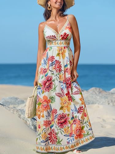 Image of CUPSHE Women's Summer Dresses Casual Spring V Neck Sleeveless Floral Beach Vacation Long Spaghetti Strap Flowy Maxi Dress