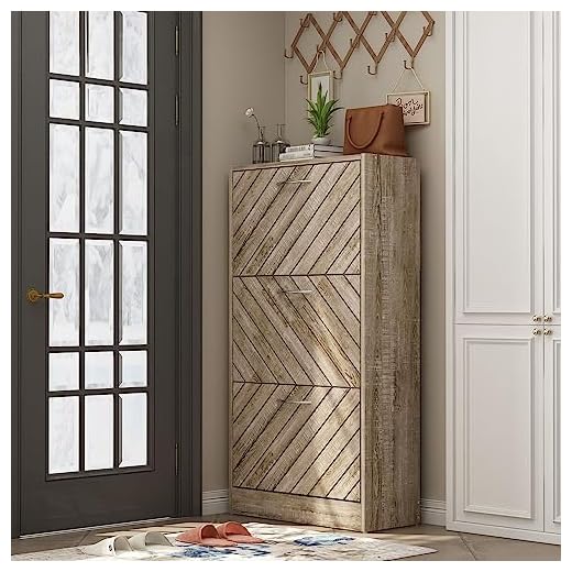 FAMAPY Modern Shoe Cabinet with 3 Flip Drawers, Freestanding Shoe Storage Cabinet, Slanted Design, Shoe Storage Organizer for Hallway Entryway Light Brown (22.4”W x 9.4”D x 42.3”H)