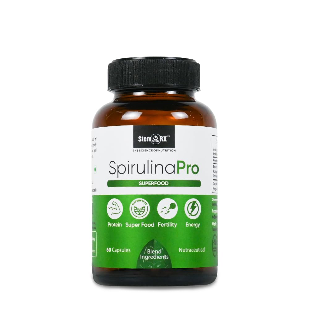 StemRx Biosciences Spirulina Pro 500mg Supplements with Rich in Protein and Vitamins | Green Super Food, Nutritional Supplements for Men and Women | Spirulina Protein | Pack of 1 Bottle with 60 Veg Capsules