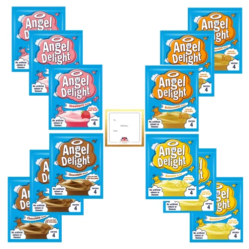 Angel Delight Multipack of 12-3x Angel Delight Strawberry Mousse, 3x Banana Angel Delight, 3x Chocolate Mousse and 3x Angel Delight Butterscotch Flavour - Bulk Buy makes 48 Servings