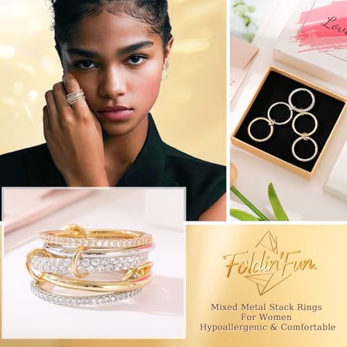 Stackable Rings for Women Non Tarnish 18K Gold and Silver Plated CZ Rings Set Mixed Metal Statement Ring for Engagement Wedding Birthday Gifts4