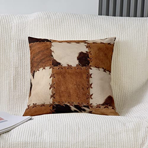 Cowhide Throw Pillow Covers 22X22 Set Of 2, Cow Fur Print Decorative Square Pillow Cases For Home Sofa Couch, Farm Animal Skin Pillow Covers, Western Cowboy Farmhouse Cushion Covers, Brown White #TOP2