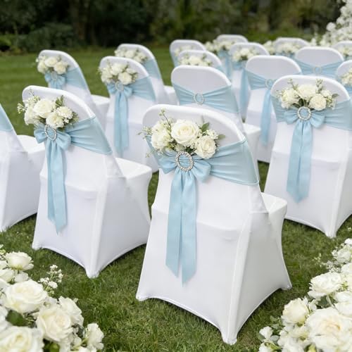 Image of Spandex Chair Sashes Bands, Baby Blue, 30PCS | Stretch Chair Ties Bows, With Buckle Slider, For Wedding Party Banquet Decoration