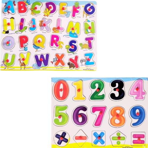 Image of PLUSPOINT ABC + 123 Wooden Educational Toddlers Puzzles, Wooden Alphabet Number Shape Puzzles Toddler Learning Puzzle Toys for Kids Boys & Girls, 2 in 1 Puzzle for Toddlers (ABC+123 Puzzle)