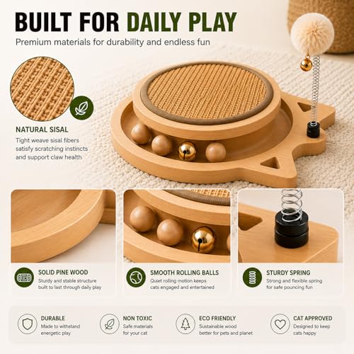 Wooden Cat Scratcher for Indoor Cats, 3-in-1 Natural Sisal Scratching Pad with Ball Track Toy, Interactive Circle Cat Scratch Board for Kittens, Mental Physical Exercise & Hunting Play — view 5