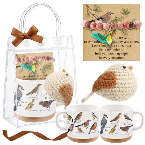 Roshtia 1 Set National Bird Day Birds Lover Gift Stocking Stuffer Ceramic Coffee Mug Cute Handmade Crochet Hummingbird Pink Bracelet Card Bag Office Supplies for Birder Friend Employee Birthday Gift