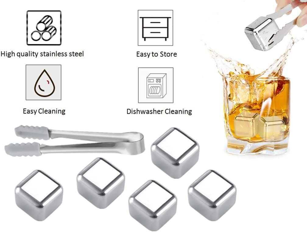 Set 16 PCS Cubetti di Ghiaccio Riutilizzabili in Acciaio Inox Con Pinze e Sacchetto di Stoffa per Cocktail e Amanti del Whisky