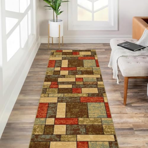 Alfombra de pasillo suave y multicolor con estampado geométrico de pelo corto 2