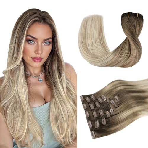 Image of DOORES Clip in Hair Extensions Human Hair, Ash Brown to Dirty Blonde Balayage Platinum Blonde 120g 7pcs 20 Inch, Remy Human Hair Extensions Clip in Straight Natural Weft