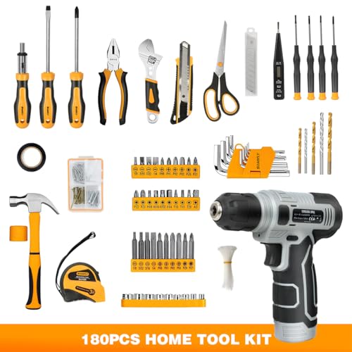 SOARFLY Upgraded 180 Piece Tool Set - Tool Box with 8V Cordless Drill, Hand Set for Men & Women, Home Repair Kit for DIYers, Homeowners & Handymen(Orange)