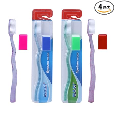 MAXI System Hard Bristles Toothbrush with Anti-Bacterial Cap, Multicolor, Easy to carry (Pack of 4)