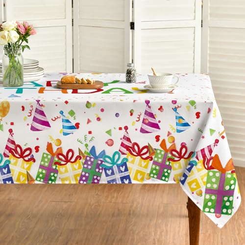 Horaldaily Birthday Tablecloth 60x84 Inch Rectangular Happy Birthday Ballon White Washable Seasonal Table Cover for Party Picnic Dinner Decor