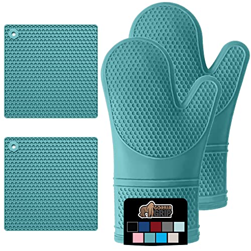 Gorilla Grip Heat and Slip Resistant Silicone Oven Mitt and Trivets Set, Waterproof, Cotton Lined Gloves, BPA-Free, Long Cooking Mitts and Trivet Mats, Kitchen Potholder Sets, 4 Pieces, Turquoise