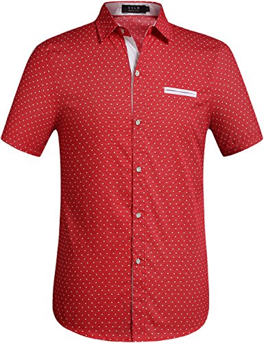 SSLR Men's Cotton Polka Dot Short Sleeves Slim Fit Dress Shirts (Small, Red)