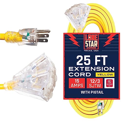 Lone Star 12 Gauge Extension Cord 25 ft 3 Outlet Triple End, 15 Amp Heavy Duty Outdoor Extension Cord with Multiple Outlets 3 Prong Lighted End, SJTW 12/3 Weatherproof Yellow Cable - Proud US Brand