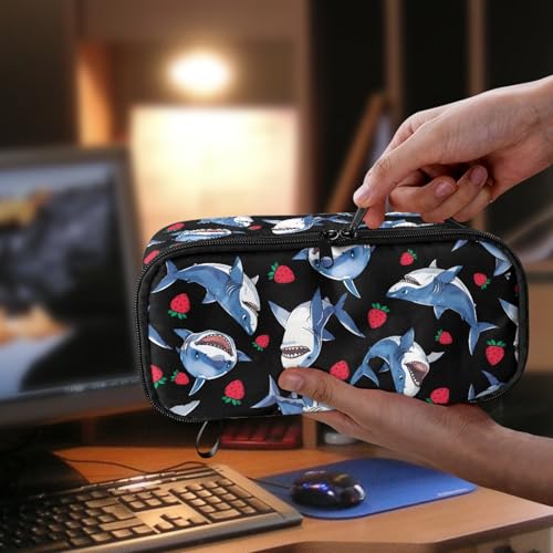 Image of Kids Pencil Case Shark Strawberries Pencil Pouch Large Storage,Black Pencil Bag for Boys Girls Lightweight Pencil Container for Preschool Elementary Children Pencil Box for Daily Study