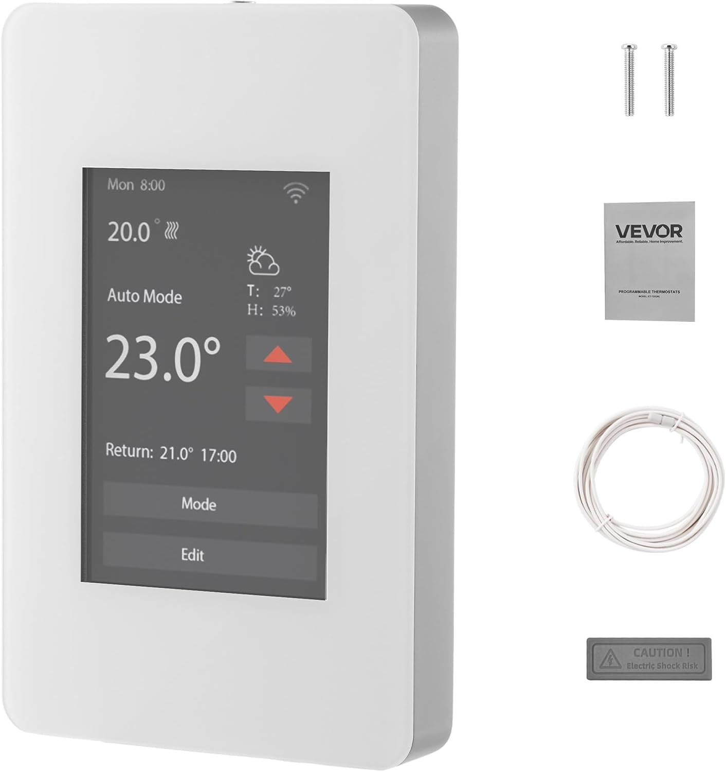 VEVOR 7-Day Programmable Thermostat, Home Thermostats for Radiant Underfloor Heating Cable,Heat Pump with GFCI & Sensitive Sensor,TFT Color Display Touchscreen,Efficient,Gray-White (Without WiFi)