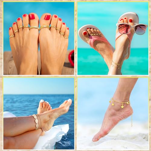 Image of Sasylvia 24 Pcs Anklet and Toe Ring Set for Women Girl Silver Gold Layered Anklet Chain Adjustable Open Toe Ring Foot Jewelry