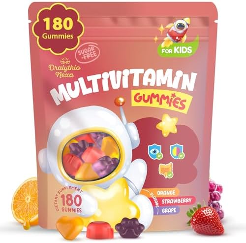 Kids Multivitamin Gummies 180 Count – Eye, Brain & Gut Support – Sugar-Free Vitamins for Kids – with Lutein, Omega-3 DHA & Prebiotics – 3 Fruit Flavors – Ages 2+