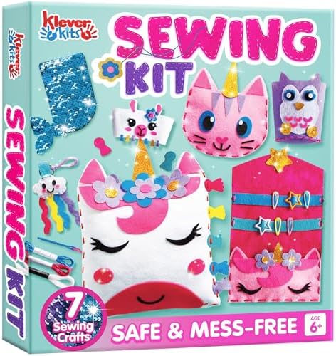 Klever Kits Nähset für Kinder ab 6,7,8,9,10+ Jahre,Bastelset für Anfänger mit 7 DIY Nähprojekten inklusive Einhorn Kissen,Schlüsselanhänger & Tasche,Geschenke Mädchen 6,7,8,9,10+ J