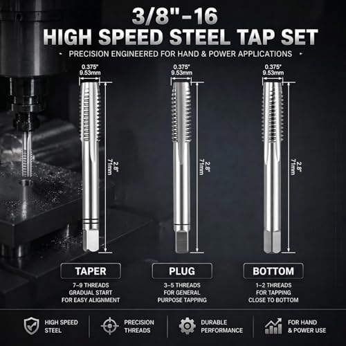 Image of Gisafai 3 Pcs Hss Tap Set Taper Plug and Bottoming Hand Taps, 3 /8 inch-16