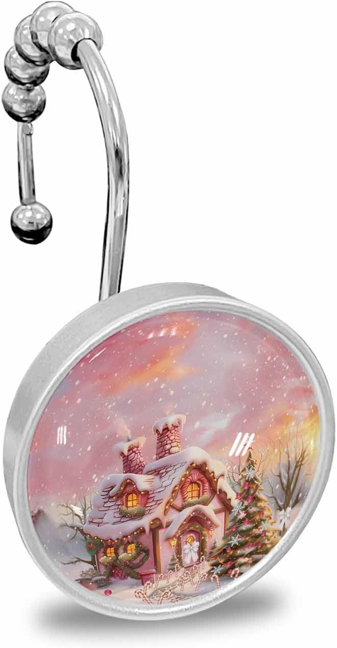 Shower Curtain Hooks 12 Pcs Christmas Candy House Pink Snow Scene Evergreen Wreath Stainless Steel Rust Proof Rolling Shower Curtain Rings, Decorative Shower Curtain Hooks Hangers for Bathroom