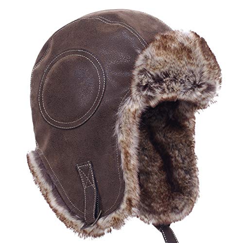 Janey&Rubbins Pilot Hat Faux Fur Russian Soviet Ushanka Cossack Winter Cap Earflap Snow Ski Headwear (Brown/Leather, Size M)